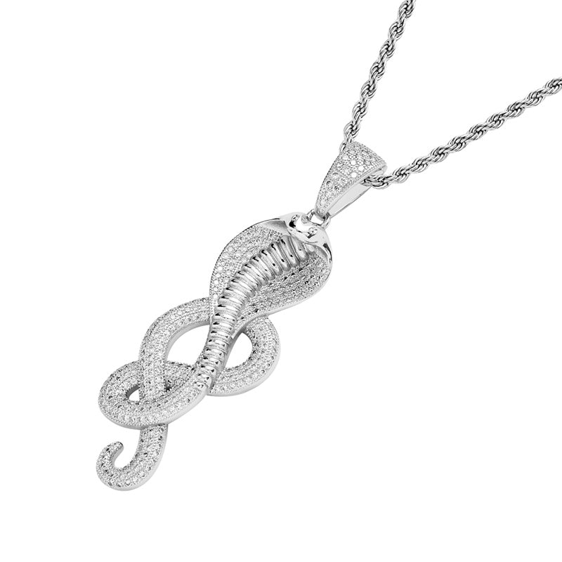 Iced Out Cobra Pendant - Silver-Hip Hop, Hip Hop Pendant, Iced Out, Men's Necklace, Necklaces, Pendants-NK1071-S3-800-Glitters