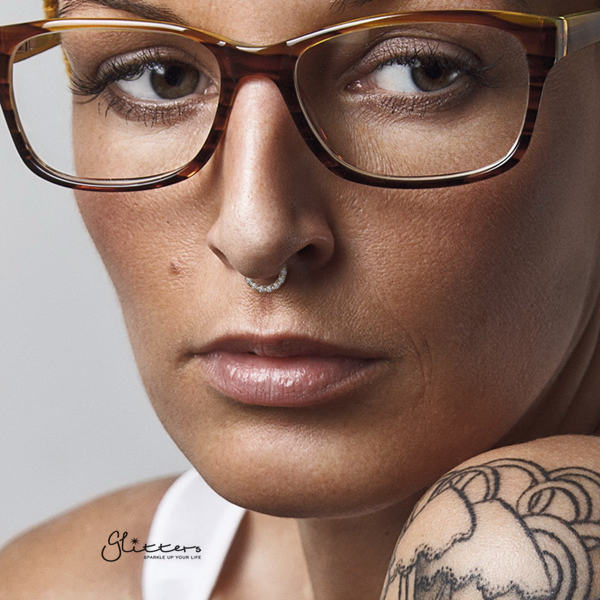 .925 Sterling Silver Bendable Hoop Ring With 10 Lined CZ - Silver | Gold-Body Piercing Jewellery, Cartilage, Cubic Zirconia, Septum Ring-NS0085-P-Glitters