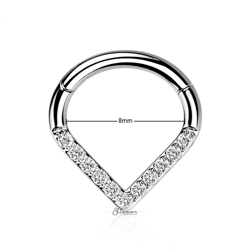 Titanium Hinged Segment Hoop Ring with CZ Paved Chevron-Body Piercing Jewellery, Cartilage, Cubic Zirconia, Daith, G23 Titanium, Septum Ring-NS0123-S1_8-Glitters