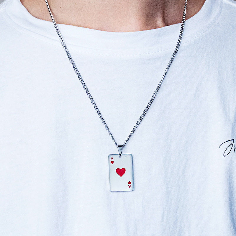 Stainless Steel Ace of Hearts Playing Card Pendant-Jewellery, Men's Jewellery, Men's Necklace, Necklaces, Pendants, Stainless Steel, Stainless Steel Pendant-SP0285_5-Glitters