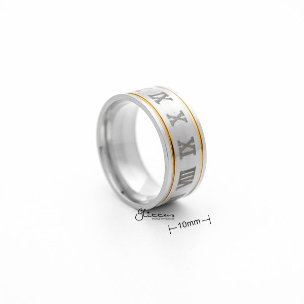 Stainless Steel 10mm Wide Roman numerals Center Band Ring-Jewellery, Men's Jewellery, Men's Rings, Rings, Stainless Steel, Stainless Steel Rings-SR0175-02_600_New-Glitters