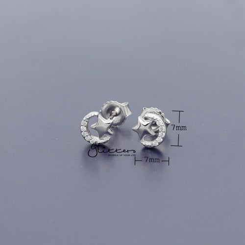 Sterling Silver C.Z Paved Moon with Star Women's Stud Earrings-Cubic Zirconia, earrings, Jewellery, Stud Earrings, Women's Earrings, Women's Jewellery-SSE0279_03_New-Glitters