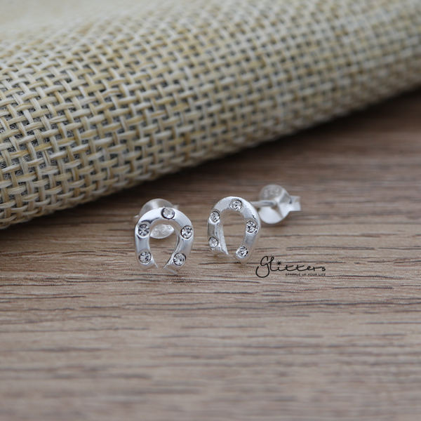 Solid 925 Sterling Silver Horseshoe Stud Earrings with Crystals-earrings, Jewellery, Stud Earrings, Women's Earrings, Women's Jewellery-SSE0314_01-Glitters
