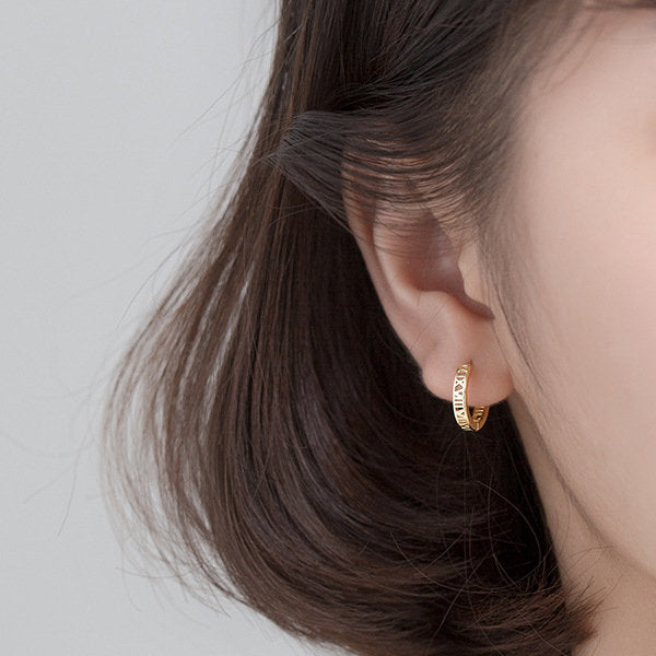 925 Sterling Silver Hollow Roman numerals One-Touch Hoop Earrings-earrings, Hoop Earrings, Jewellery, Women's Earrings, Women's Jewellery-SSE0346-M-Glitters