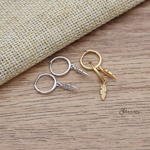 925 Sterling Silver Dangle Feather One-Touch Huggie Hoop Earrings
