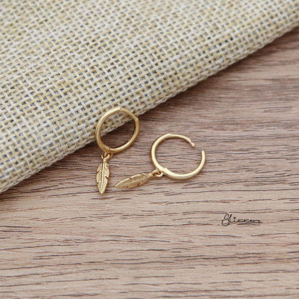 925 Sterling Silver Dangle Feather One-Touch Huggie Hoop Earrings-earrings, Hoop Earrings, Jewellery, Women's Earrings, Women's Jewellery-SSE0365-G_600-Glitters
