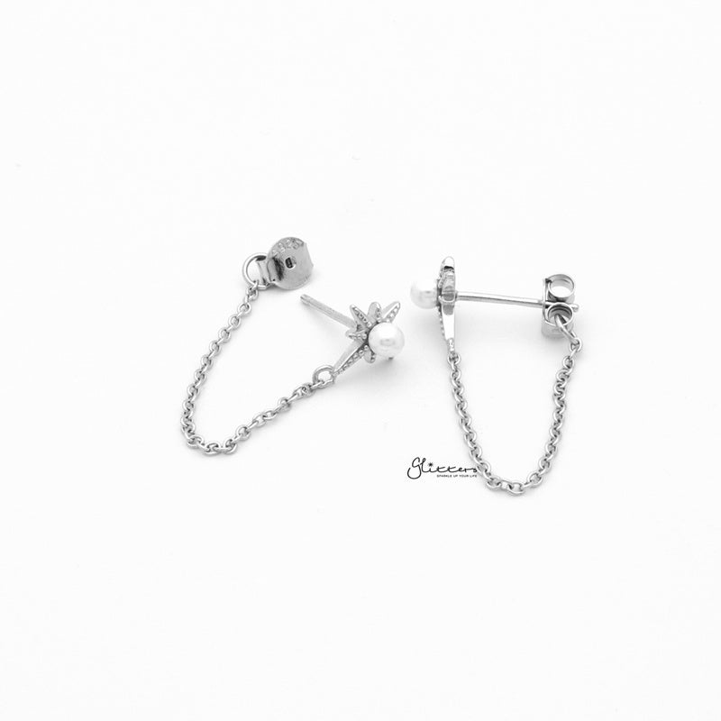 Sterling Silver Star and Pearl Chain Stud Earrings - Silver-Chain Earring, earrings, Jewellery, Stud Earrings, Women's Earrings, Women's Jewellery-SSE0411-S2_1-Glitters