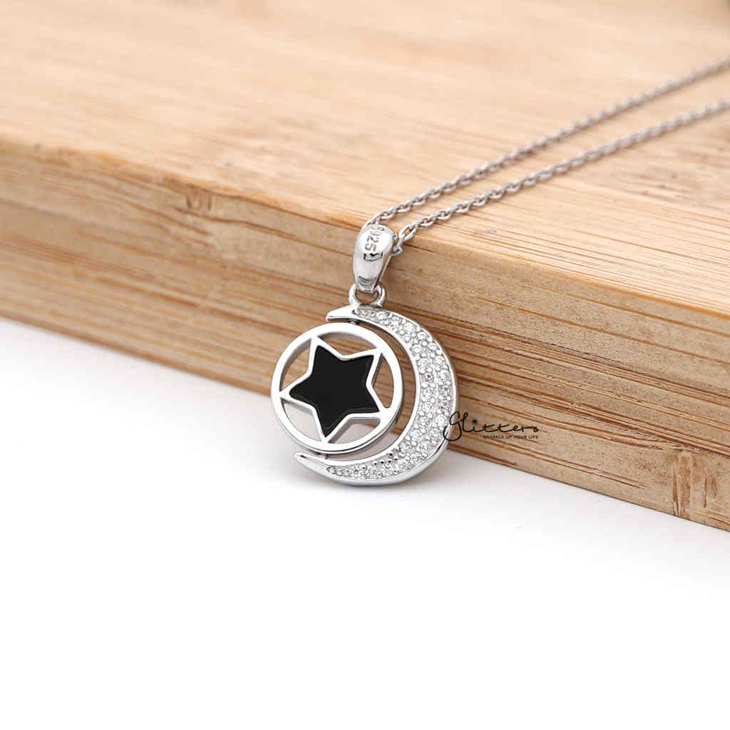 Sterling Silver CZ Paved Moon with Rotatable Double Sides Star in the Middle Women's Necklace-Cubic Zirconia, Jewellery, Necklaces, Sterling Silver Necklaces, Women's Jewellery, Women's Necklace-SSP0128_1000-02-Glitters