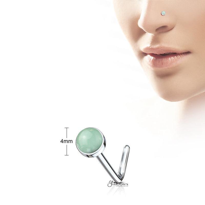Jade Green Stone Set L Bend Nose Stud Ring-Body Piercing Jewellery, L Bend, Nose Piercing Jewellery, Nose Studs-SemiPreciousStoneSetLBendNoseStudRing-Green_2-Glitters
