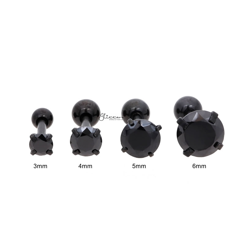 316L Surgical Steel Prong Set Round CZ Cartilage/Tragus Barbell Studs - Black-Body Piercing Jewellery, Cartilage, Cubic Zirconia, Jewellery, Tragus, Women's Earrings, Women's Jewellery-TG0017-02-Glitters