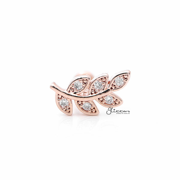 Paved Leaf Internally Threaded Top Cartilage/Tragus Flat Back Stud  Rose Gold