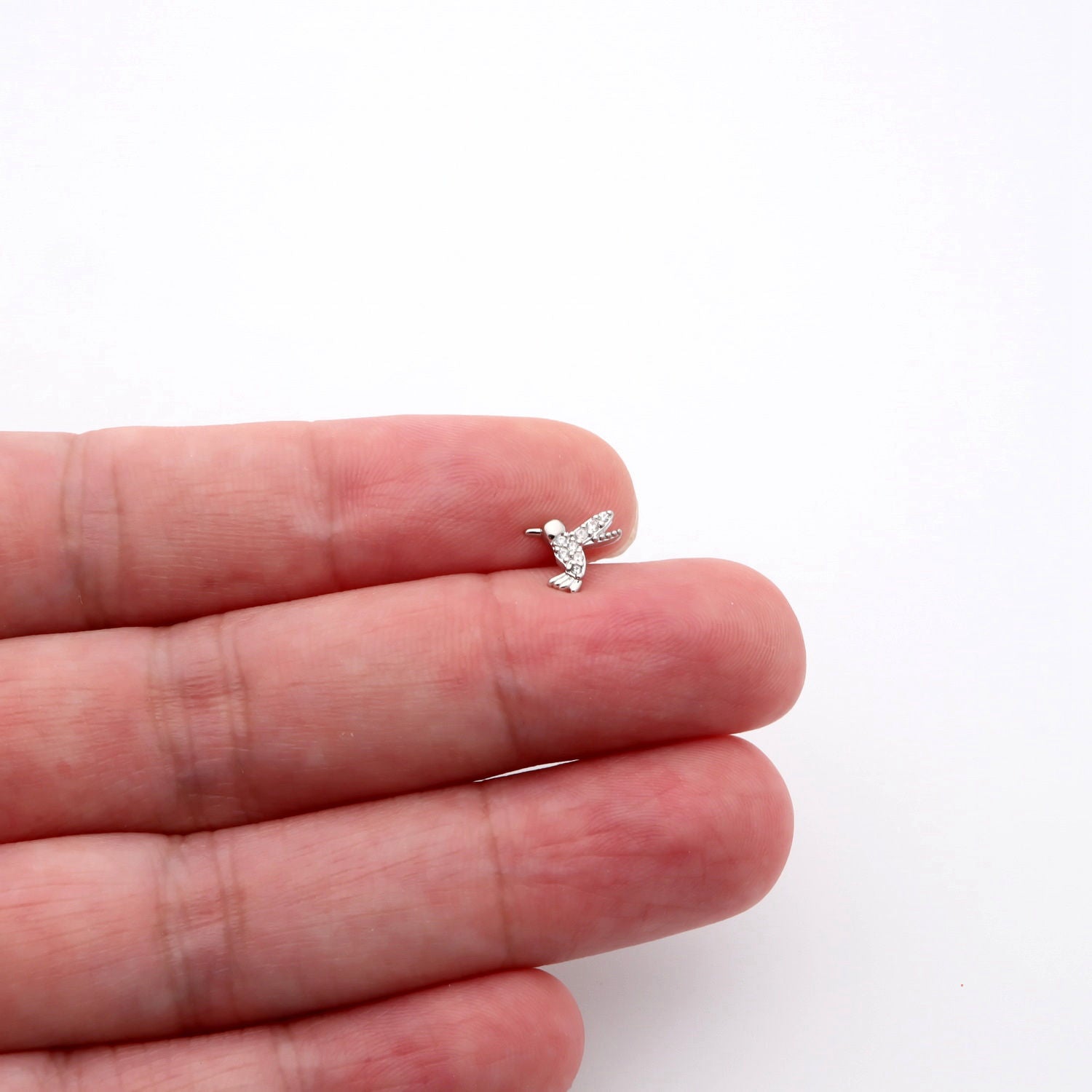 Hummingbird Top Internally Threaded Flat Back Stud-Body Piercing Jewellery, Cartilage, Cubic Zirconia, Labret, Monroe, Tragus-TG0142_H-Glitters