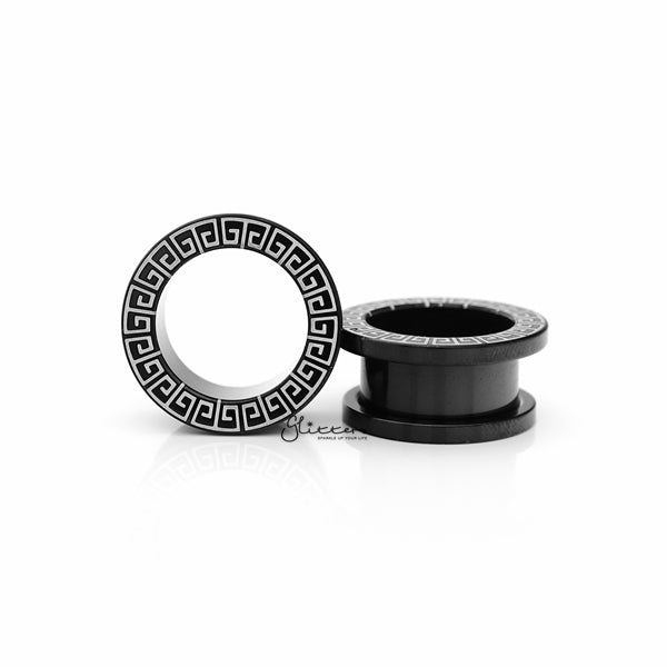 Black IP Over Surgical Steel Greek Key Screw Fit Flesh Tunnel Plugs-Body Piercing Jewellery, Plug, Tunnel-TL0062-1_600-Glitters