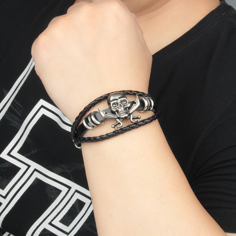 Classic Multilayer Pirate Skull and Cross Swords Adjustable Leather Bracelet-Bracelets, Jewellery, leather bracelet, Men's Bracelet, Men's Jewellery-bcl0186-3_1-Glitters