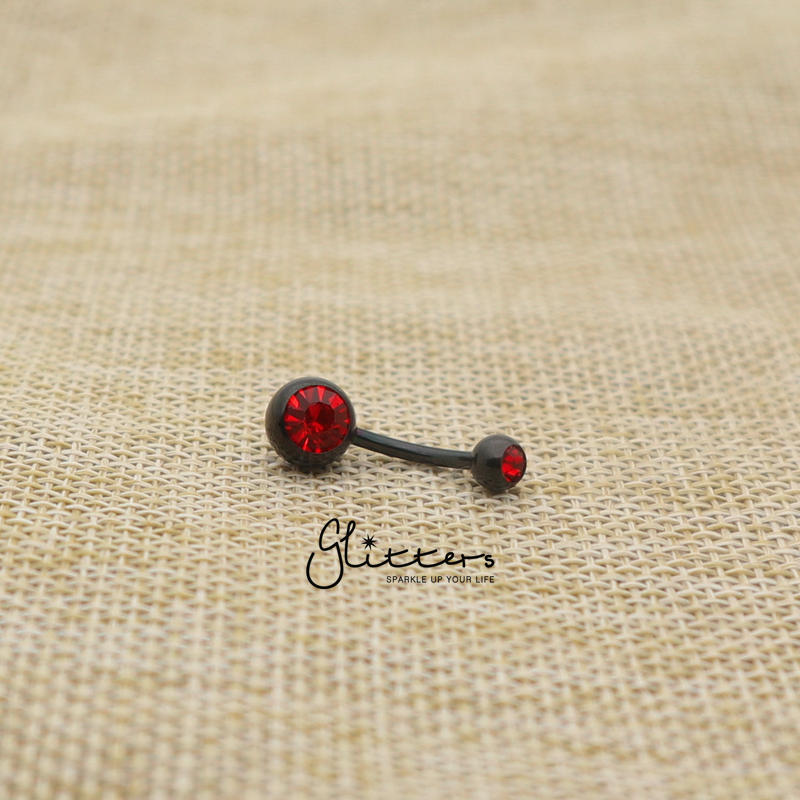 Black Titanium I.P Surgical Steel Double Gem Belly Button Ring - Red-Belly Ring, Body Piercing Jewellery-bj0059-01-Glitters