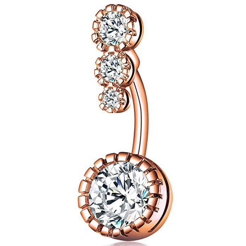 Triple Round CZ Top Belly Button Navel Ring - Rose Gold-Belly Ring, Body Piercing Jewellery, Cubic Zirconia-bj0343-rg_800-Glitters