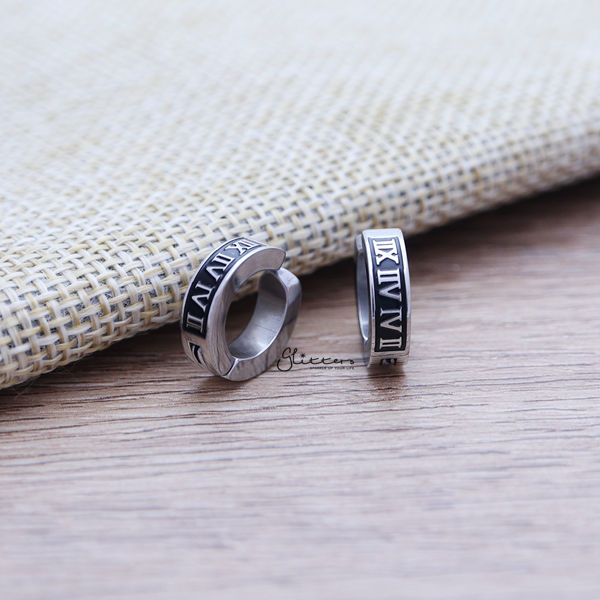 Non-Pierced Stainless Steel Clip On Roman numerals Hoop Earrings-earrings, Fake Earrings, Hinged Earrings, Hoop Earrings, Jewellery, Men's Earrings, Men's Jewellery, Non-Pierced, Stainless Steel, Women's Earrings, Women's Jewellery-ec0061-Glitters