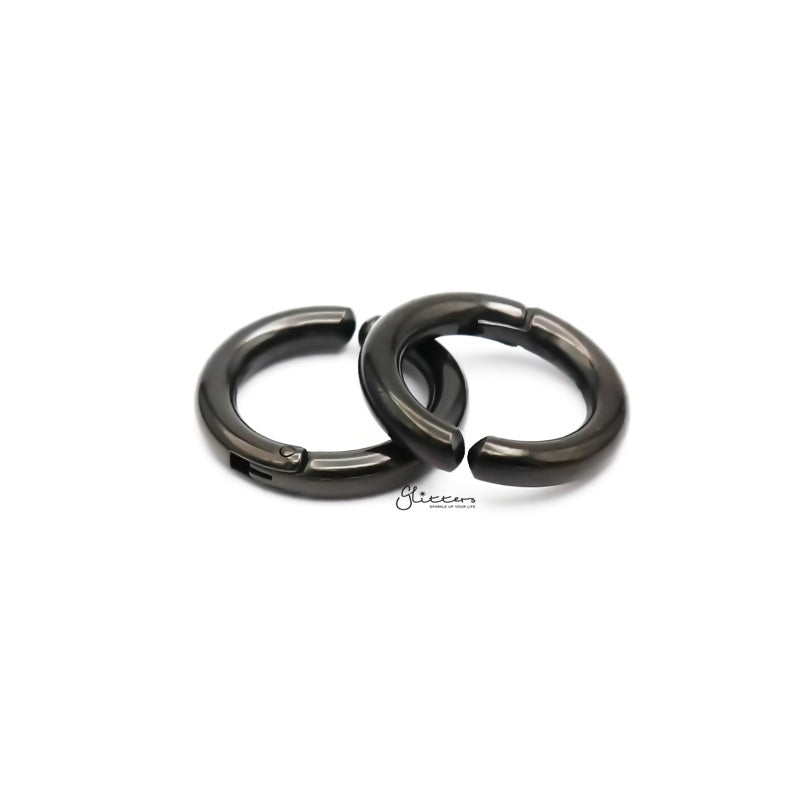 Stainless Steel Black Hoop Earrings - 21mm Round Hinged Snap Closure