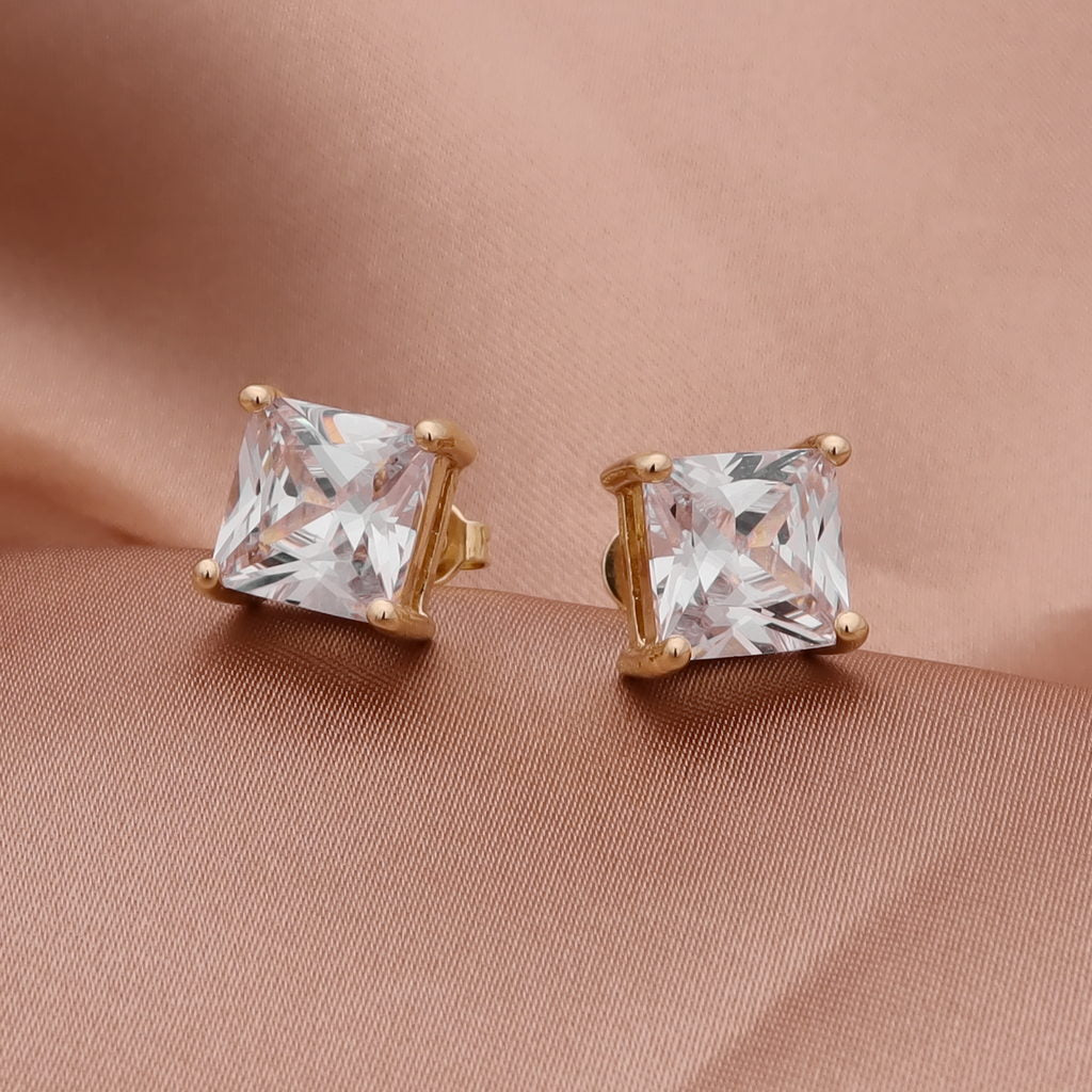 18k Gold Plated Clear Square Studs Earrings