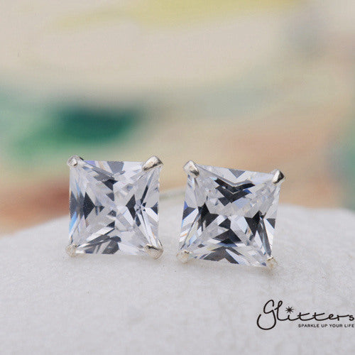 925 Sterling Silver Martini Stud Earring with Square Cubic Zirconia-3mm 4mm 5mm 6mm