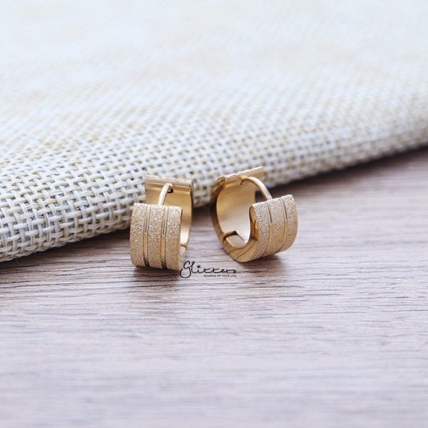 Stainless Steel Sand Sparkle Hinged Earrings with Grooves Lines Center - 7x9-earrings, Hoop Earrings, Huggie Earrings, Jewellery, Men's Earrings, Men's Jewellery, Stainless Steel, Women's Earrings, Women's Jewellery-er0122-03G-Glitters