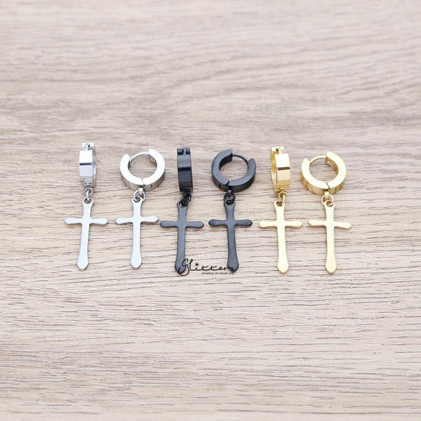 Stainless Steel Cross Shape Drop Huggie Hoop Earrings-earrings, Hoop Earrings, Huggie Earrings, Jewellery, Men's Earrings, Men's Jewellery, Stainless Steel, Women's Earrings-er1469all-Glitters