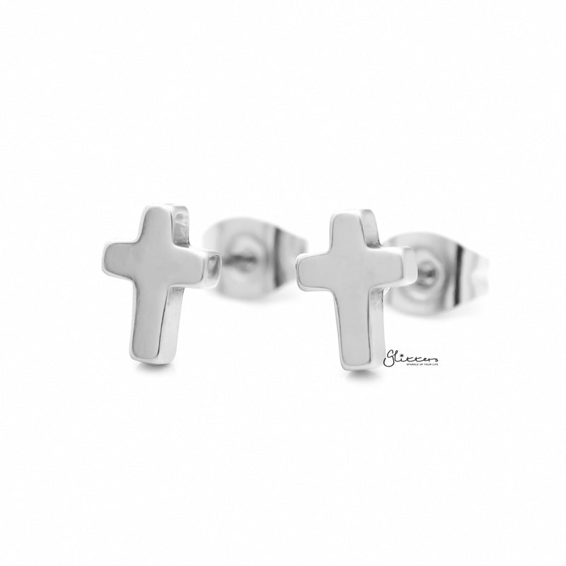Stainless Steel Cross Stud Earrings - Silver-earrings, Jewellery, Men's Earrings, Men's Jewellery, Stainless Steel, Stud Earrings, Women's Earrings-er1485-s1_800-Glitters