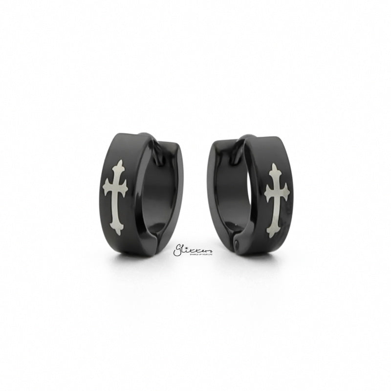 Stainless Steel Cross Hinged Hoop Earrings - Black-earrings, Hoop Earrings, Huggie Earrings, Jewellery, Men's Earrings, Men's Jewellery, Stainless Steel-er1540-k2_1-Glitters