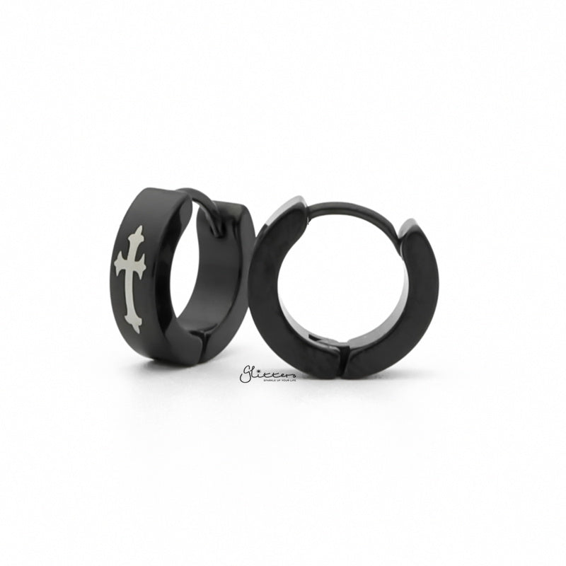 Stainless Steel Cross Hinged Hoop Earrings - Black-earrings, Hoop Earrings, Huggie Earrings, Jewellery, Men's Earrings, Men's Jewellery, Stainless Steel-er1540-k3_1-Glitters
