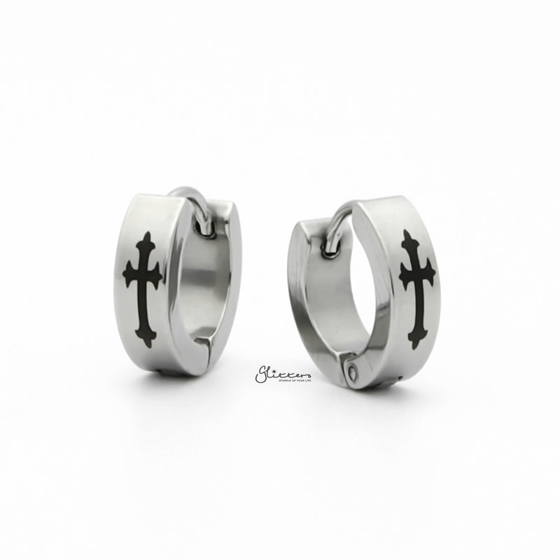 Stainless Steel Cross Hinged Hoop Earrings - Silver-earrings, Hoop Earrings, Huggie Earrings, Jewellery, Men's Earrings, Men's Jewellery, Stainless Steel-er1540-s1_1-Glitters