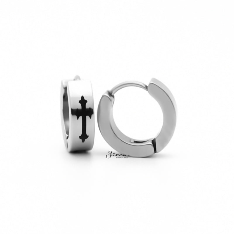 Stainless Steel Cross Hinged Hoop Earrings - Silver-earrings, Hoop Earrings, Huggie Earrings, Jewellery, Men's Earrings, Men's Jewellery, Stainless Steel-er1540-s2_1-Glitters