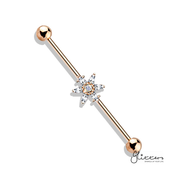 316L Surgical Steel Industrial Barbells with 6 Princess Cut CZ Petal Flower-Body Piercing Jewellery, Cubic Zirconia, Industrial Barbell-ib0003-bi75-rg-Glitters