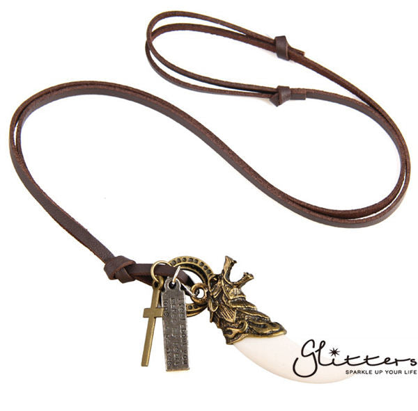Antique Gold Wolf Teeth Pendant with Long Leather String Chain-Adjustable chain, Jewellery, Leather, Men's Jewellery, Men's Necklace, necklace, Necklaces-nk1016-3-Glitters