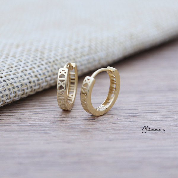 925 Sterling Silver Hollow Roman numerals One-Touch Hoop Earrings-earrings, Hoop Earrings, Jewellery, Women's Earrings, Women's Jewellery-sse0346-G_600-Glitters