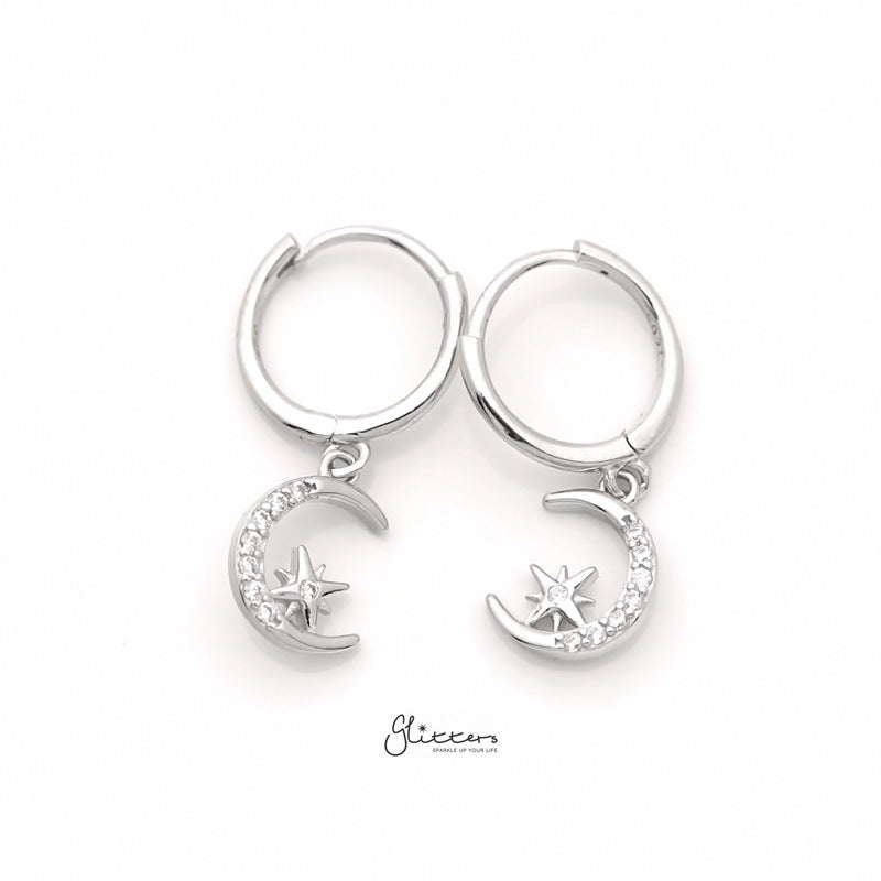 Sterling Silver Huggie Hoop Earrings with Dangle Moon and Star Silver
