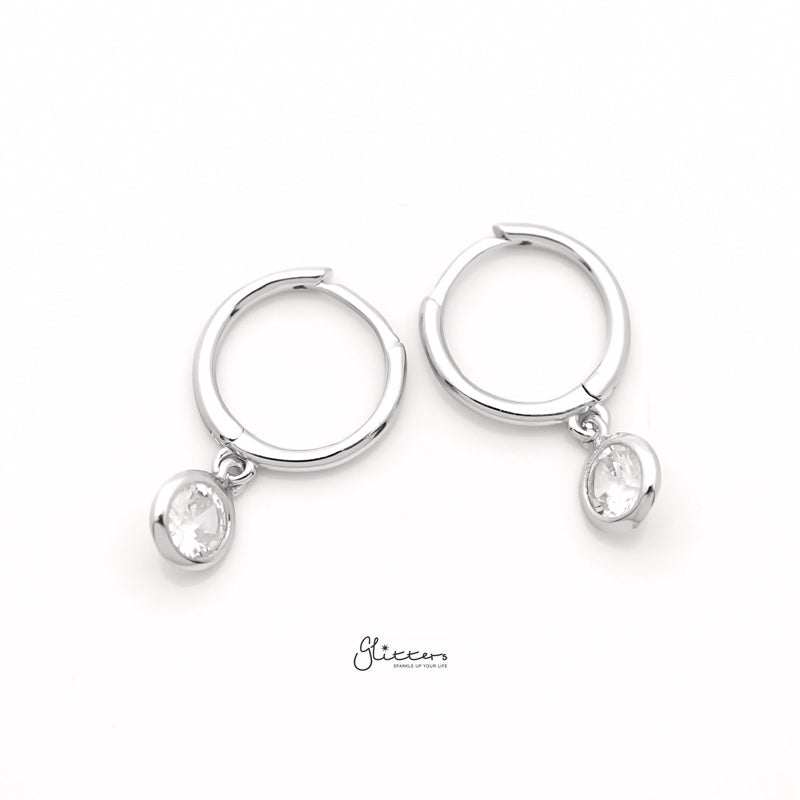 Sterling Silver Huggie Hoop Earrings with Dangle Round CZ Silver