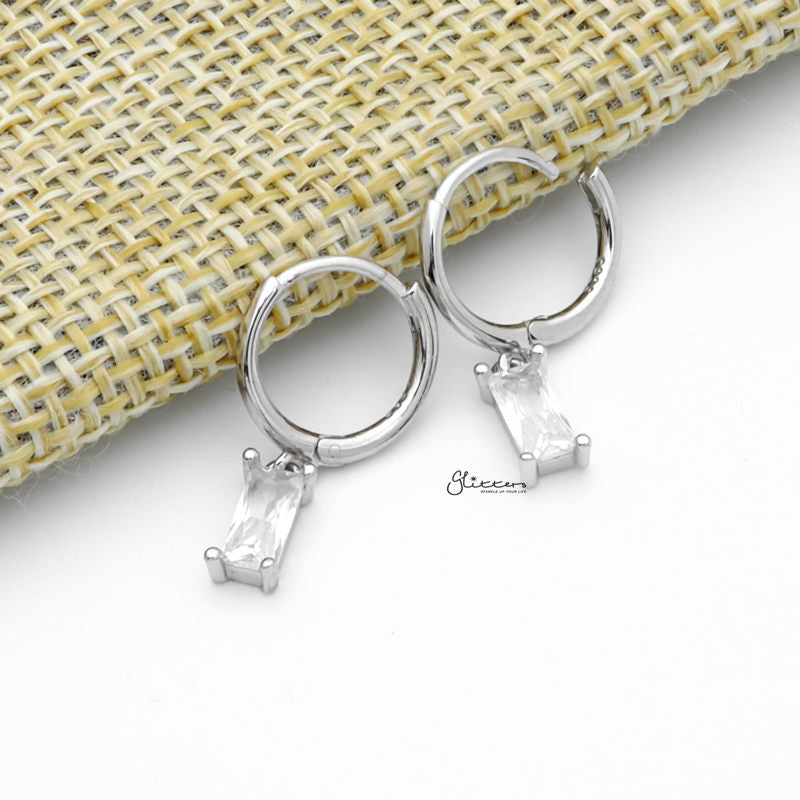 Sterling Silver Huggie Hoop Earrings with Dangle Baguette CZ Silver