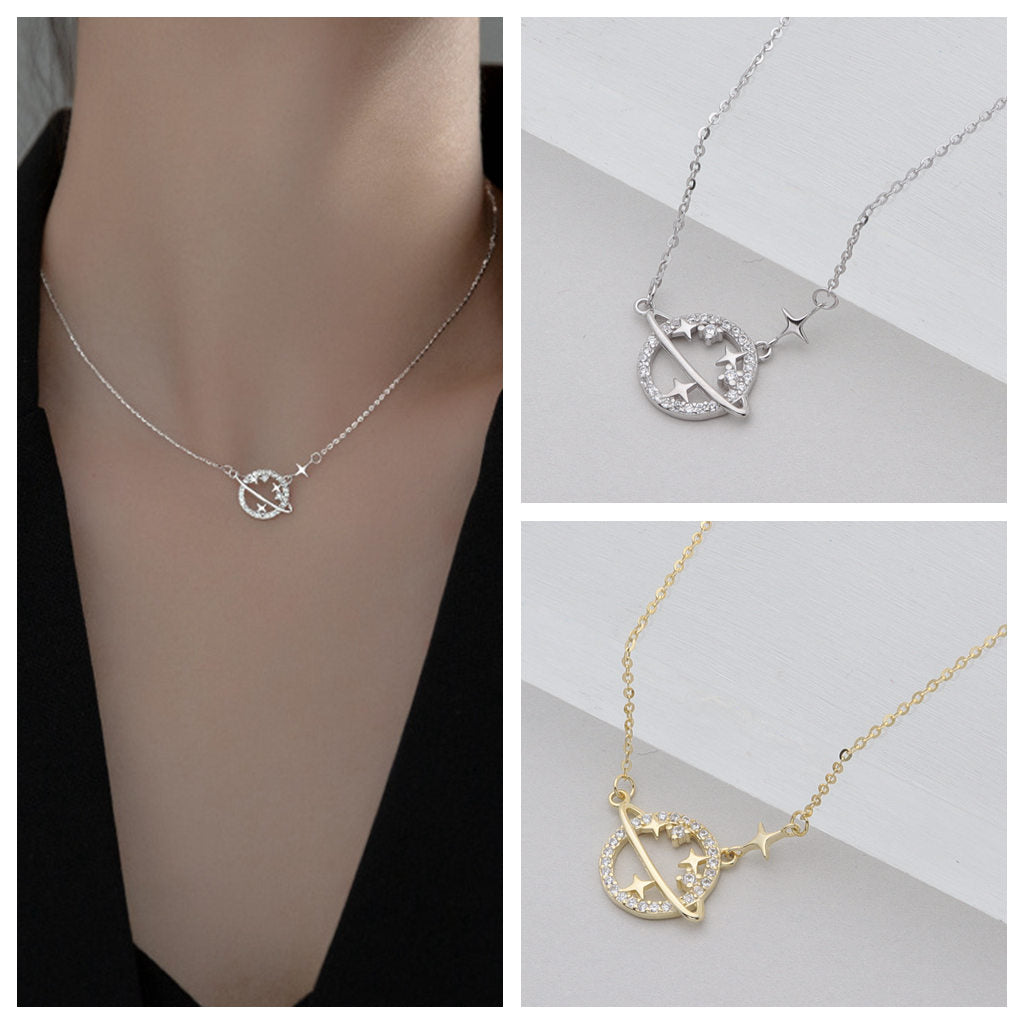 Sterling Silver Planet Necklace-Cubic Zirconia, Jewellery, Necklaces, New, Sterling Silver Necklaces, Women's Jewellery, Women's Necklace-ssp0180-3-Glitters