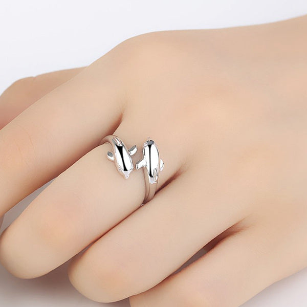 Sterling Silver Double Dolphins Opening Adjustable Ring-Jewellery, Rings, Sterling Silver Rings, Women's Jewellery, Women's Rings-ssr0041-m-Glitters