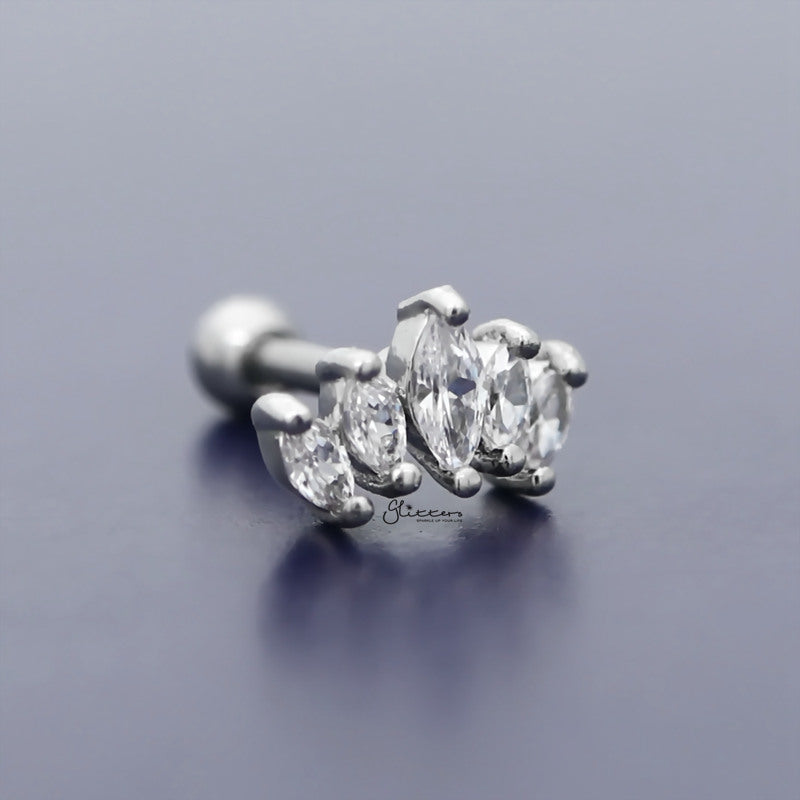 Prong Set Marquise CZ Tragus Cartilage Barbell Stud - Silver-Body Piercing Jewellery, Cartilage, Cubic Zirconia, Jewellery, Tragus, Women's Earrings, Women's Jewellery-tg0122-s4-Glitters
