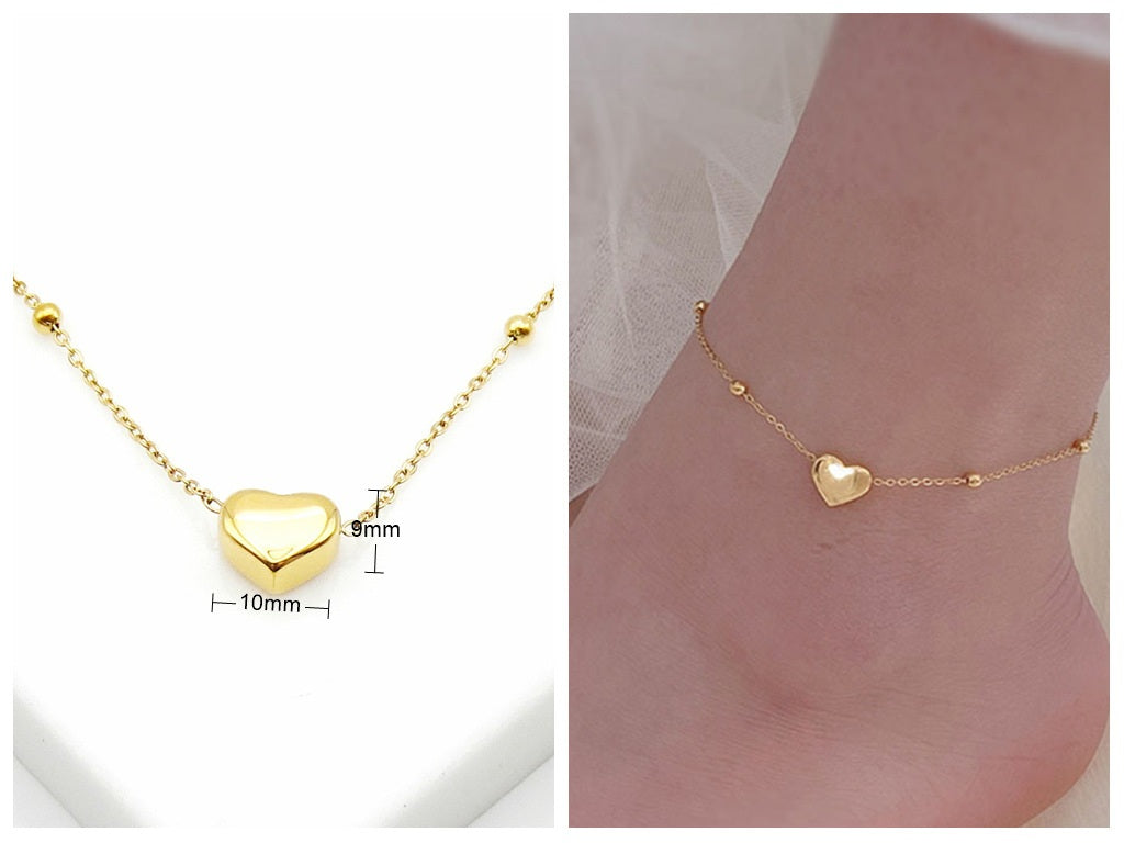 Stainless Steel Heart Charm Anklet - Gold