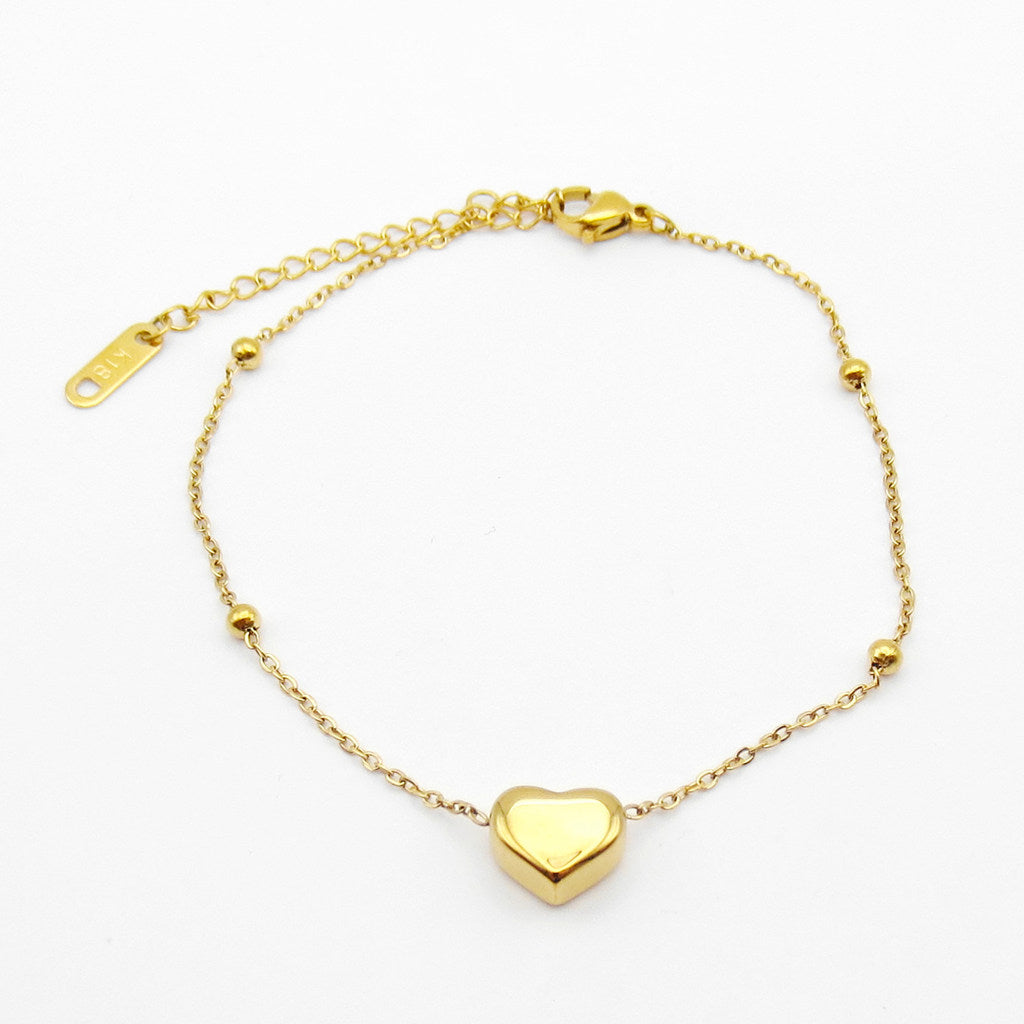 Stainless Steel Heart Charm Anklet - Gold