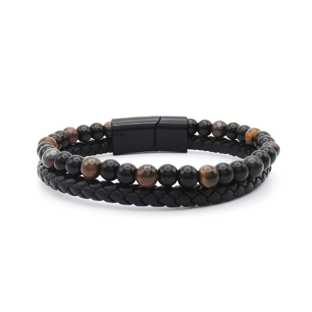 Braided Leather & Tiger Eye Bead Double Layer Bracelet-Leather Bracelets-4-Glitters