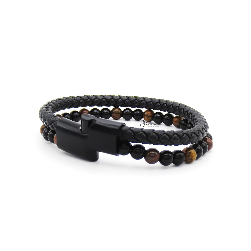 Braided Leather & Tiger Eye Bead Double Layer Bracelet-Leather Bracelets-2-Glitters