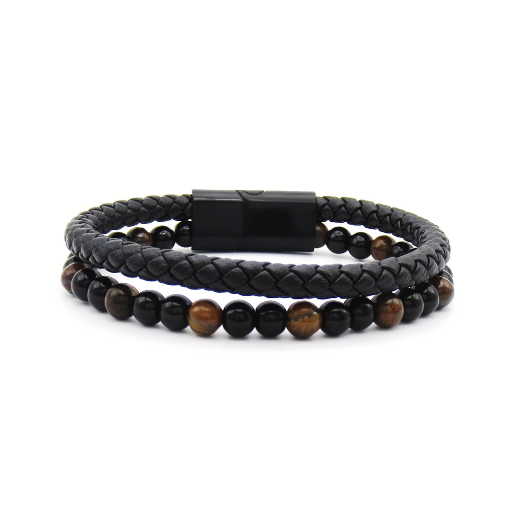 Braided Leather & Tiger Eye Bead Double Layer Bracelet-Leather Bracelets-1-Glitters