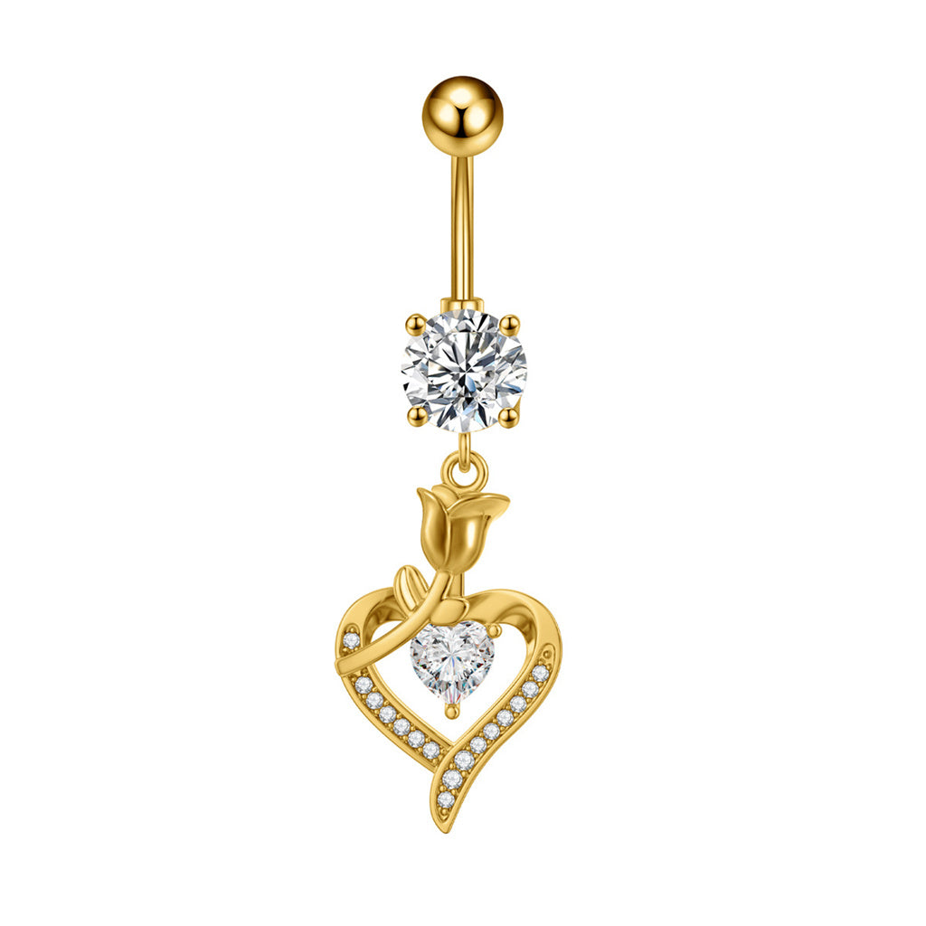 Rose and Heart CZ Dangle Belly Button Navel Ring - Gold-Belly Rings-1-Glitters