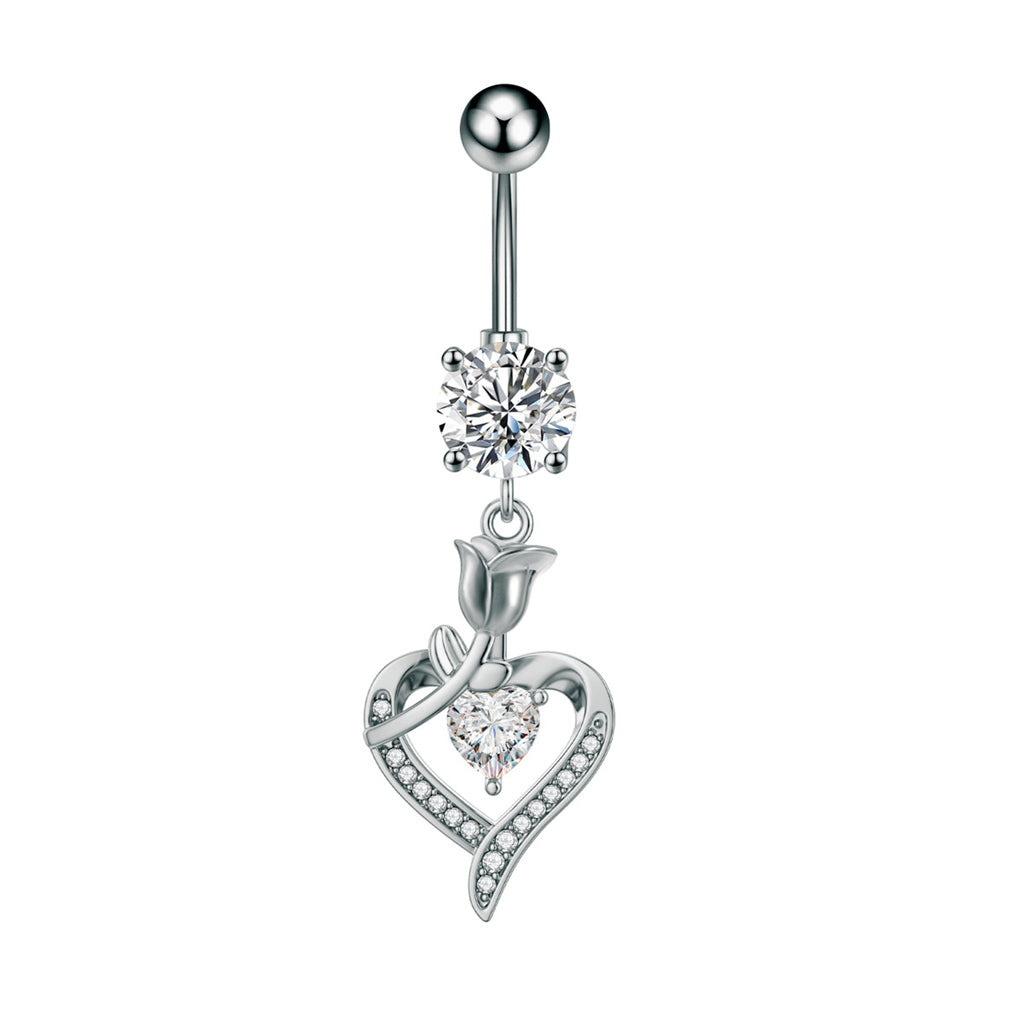 Rose and Heart CZ Dangle Belly Button Navel Ring - Silver-Belly Rings-1-Glitters