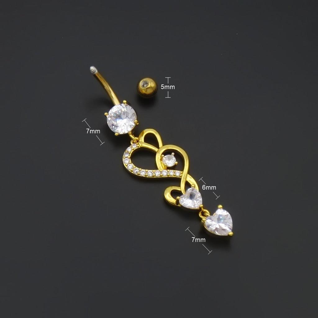 Triple CZ Heart Dangle Belly Button Ring - Silver