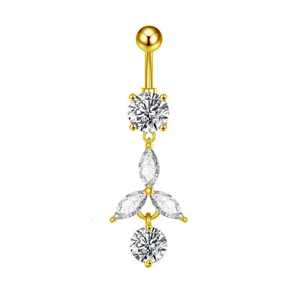 Marquise CZ Flower & Round CZ Dangle Belly Button Navel Ring-Belly Rings-2-Glitters