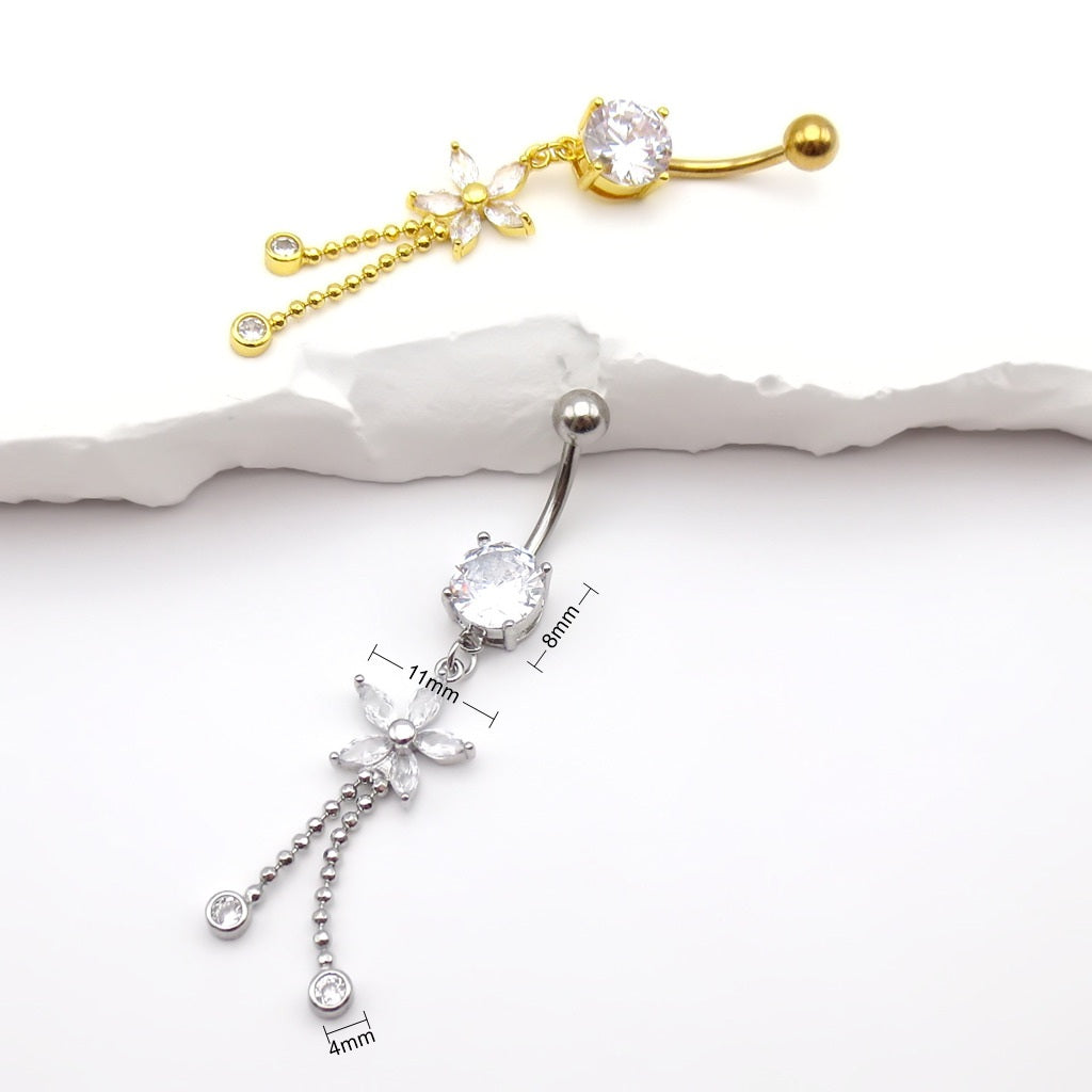 CZ Flower Dangling Fringe Belly Button Ring